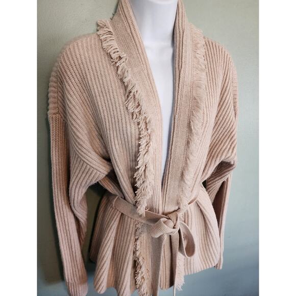Intermix Charlie Cream Wool Cashmere Blend Fringed Ribbed Cardigan size Small - Picture 2 of 8